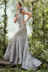 Buy_Varun Chakkilam_Grey Organza Embroidery Floral Plunging V Neck Crystal Gown _Online_at_Aza_Fashions