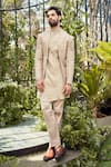 Buy_Varun Chakkilam_Beige Tulle Silk Embroidery Thread Abstract Jacket Kurta Set _at_Aza_Fashions