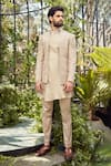 Shop_Varun Chakkilam_Beige Tulle Silk Embroidery Thread Abstract Jacket Kurta Set _at_Aza_Fashions