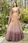 Buy_Varun Chakkilam_Brown Organza Embroidery Sequins Plunging V Neck Ombre Lehenga Set _at_Aza_Fashions