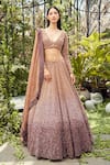 Varun Chakkilam_Brown Organza Embroidery Sequins Plunging V Neck Ombre Lehenga Set _Online_at_Aza_Fashions