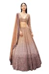 Buy_Varun Chakkilam_Brown Organza Embroidery Sequins Plunging V Neck Ombre Lehenga Set _Online_at_Aza_Fashions