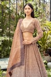 Shop_Varun Chakkilam_Brown Organza Embroidery Sequins Plunging V Neck Ombre Lehenga Set _Online_at_Aza_Fashions