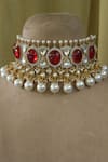 Shop_Studio6 Jewels_Red Stones, Beads Mughal Carved Choker Set _at_Aza_Fashions