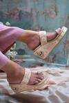Buy_Shradha Hedau Footwear Couture_Gold Bead Zubedha Peacock Embroidered Wedges _at_Aza_Fashions