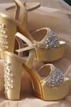 Shop_Shradha Hedau Footwear Couture_Gold Crystal Evelyn Stone And Embellished Block Heels_at_Aza_Fashions