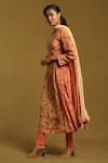 Ritu Kumar_Peach Gathered Kurta And Dupatta Viscose Print Alyssa Floral Notched Churidar Set _Online_at_Aza_Fashions