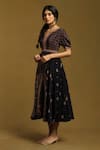 Ritu Kumar_Black Viscose Print Kalam Jamawar Notched Round Dress _Online_at_Aza_Fashions