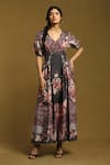 Buy_Ritu Kumar_Grey Silk Print Alexander Floral V Neck Dress _at_Aza_Fashions