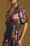 Shop_Ritu Kumar_Grey Silk Print Alexander Floral V Neck Dress _Online_at_Aza_Fashions