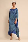 Buy_Ritu Kumar_Blue Silk Satin Print Mandana Boat Neck Kaftan _at_Aza_Fashions