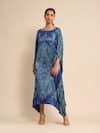 Ritu Kumar_Blue Silk Satin Print Mandana Boat Neck Kaftan _Online_at_Aza_Fashions