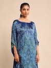 Buy_Ritu Kumar_Blue Silk Satin Print Mandana Boat Neck Kaftan 