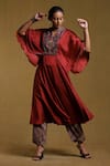 Buy_Ritu Kumar_Maroon Kurta Silk Print Mughal Bloom Mandarin Kulha With Paisley Pant _at_Aza_Fashions