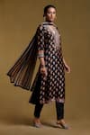 Shop_Ritu Kumar_Black Kurta Silk Print Paisley Fleur V Neck Chamba Pant Set _Online_at_Aza_Fashions