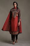 Buy_Ritu Kumar_Maroon Kurta Silk Print Chowki Bandhani Round Neck And Embroidered Palazzo Set_at_Aza_Fashions