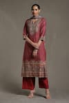 Buy_Ritu Kumar_Beige Kurta Silk Print Tribal Bloom Notched Round Neck Noni Palazzo Set _at_Aza_Fashions