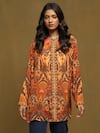 Ritu Kumar_Orange Rayon Crepe Printed Mandala Band Collar Kurta _Online_at_Aza_Fashions