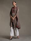 Buy_Ritu Kumar_Beige Rayon Crepe Printed Stripe Mandarin Collar Kurta _Online_at_Aza_Fashions