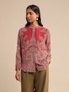 Ritu Kumar_Red Rayon Crepe Printed Jamawar Band Collar Mandana Kurta _Online_at_Aza_Fashions