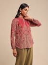 Shop_Ritu Kumar_Red Rayon Crepe Printed Jamawar Band Collar Mandana Kurta _Online_at_Aza_Fashions