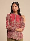 Shop_Ritu Kumar_Red Rayon Crepe Printed Jamawar Band Collar Mandana Kurta 