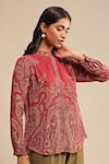 Shop_Ritu Kumar_Red Rayon Crepe Printed Jamawar Band Collar Mandana Kurta _Online