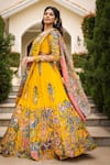 Buy_aindhri by mahitha_Yellow Chennur Silk Hand Painted Kalamkari Vrindavan Geometric Lehenga Set _at_Aza_Fashions