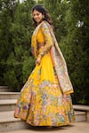 Shop_aindhri by mahitha_Yellow Chennur Silk Hand Painted Kalamkari Vrindavan Geometric Lehenga Set _at_Aza_Fashions