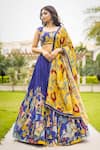 Buy_aindhri by mahitha_Blue Chennur Silk Hand Painted Kalamkari Animal Bird Gathered Lehenga Set _at_Aza_Fashions