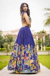 Shop_aindhri by mahitha_Blue Chennur Silk Hand Painted Kalamkari Animal Bird Gathered Lehenga Set _at_Aza_Fashions