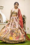 Buy_aindhri by mahitha_Cream Chennur Silk Hand Painted Kalamkari Floral Square Lehenga Set _at_Aza_Fashions