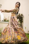 Shop_aindhri by mahitha_Cream Chennur Silk Hand Painted Kalamkari Floral Square Lehenga Set _at_Aza_Fashions