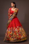 aindhri by mahitha_Red Chennur Silk Hand Painted Kalamkari Ajantha Geometric Gathered Lehenga Set _Online_at_Aza_Fashions