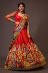 Buy_aindhri by mahitha_Red Chennur Silk Hand Painted Kalamkari Ajantha Geometric Gathered Lehenga Set _at_Aza_Fashions