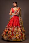 Shop_aindhri by mahitha_Red Chennur Silk Hand Painted Kalamkari Ajantha Geometric Gathered Lehenga Set _at_Aza_Fashions