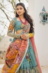 Shop_aindhri by mahitha_Blue Chennur Silk Hand Painted Kalamkari Giraffes Flora And Fauna Lehenga Set _at_Aza_Fashions