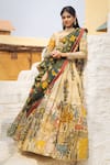 Shop_aindhri by mahitha_Cream Chennur Silk Hand Painted Kalamkari Giraffes Botanical Lehenga Set _at_Aza_Fashions