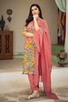 aindhri by mahitha_Pink Kurta Chennur Silk Hand Painted Krishna Notched Kalamkari Pant Set _Online_at_Aza_Fashions