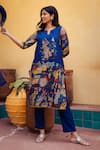 Buy_aindhri by mahitha_Blue Kurta Chennur Silk Hand Painted Fisherman Kalamkari Notched Pant Set _Online_at_Aza_Fashions