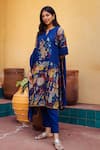 Shop_aindhri by mahitha_Blue Kurta Chennur Silk Hand Painted Fisherman Kalamkari Notched Pant Set _Online_at_Aza_Fashions