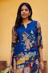 Buy_aindhri by mahitha_Blue Kurta Chennur Silk Hand Painted Fisherman Kalamkari Notched Pant Set 