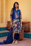 Buy_aindhri by mahitha_Blue Kurta Chennur Silk Hand Painted Fisherman Kalamkari Notched Pant Set _at_Aza_Fashions