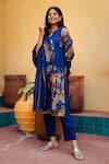 Shop_aindhri by mahitha_Blue Kurta Chennur Silk Hand Painted Fisherman Kalamkari Notched Pant Set _at_Aza_Fashions