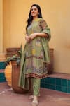 Shop_aindhri by mahitha_Green Kurta Chennur Silk Hand Painted Elephant Kalamkari Notched Pant Set _at_Aza_Fashions