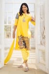 aindhri by mahitha_Yellow Kurta Chennur Silk Hand Painted Floral Kalamkari Notched Pant Set _at_Aza_Fashions