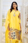 Buy_aindhri by mahitha_Yellow Kurta Chennur Silk Hand Painted Floral Kalamkari Notched Pant Set 