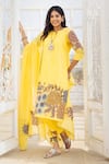 Shop_aindhri by mahitha_Yellow Kurta Chennur Silk Hand Painted Floral Kalamkari Notched Pant Set _at_Aza_Fashions