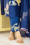 aindhri by mahitha_Blue Kurta Raw Silk Hand Painted Birds Kalamkari Notched Applique Pant Set_Online_at_Aza_Fashions