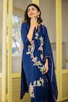 Buy_aindhri by mahitha_Blue Kurta Raw Silk Hand Painted Birds Kalamkari Notched Applique Pant Set _Online_at_Aza_Fashions